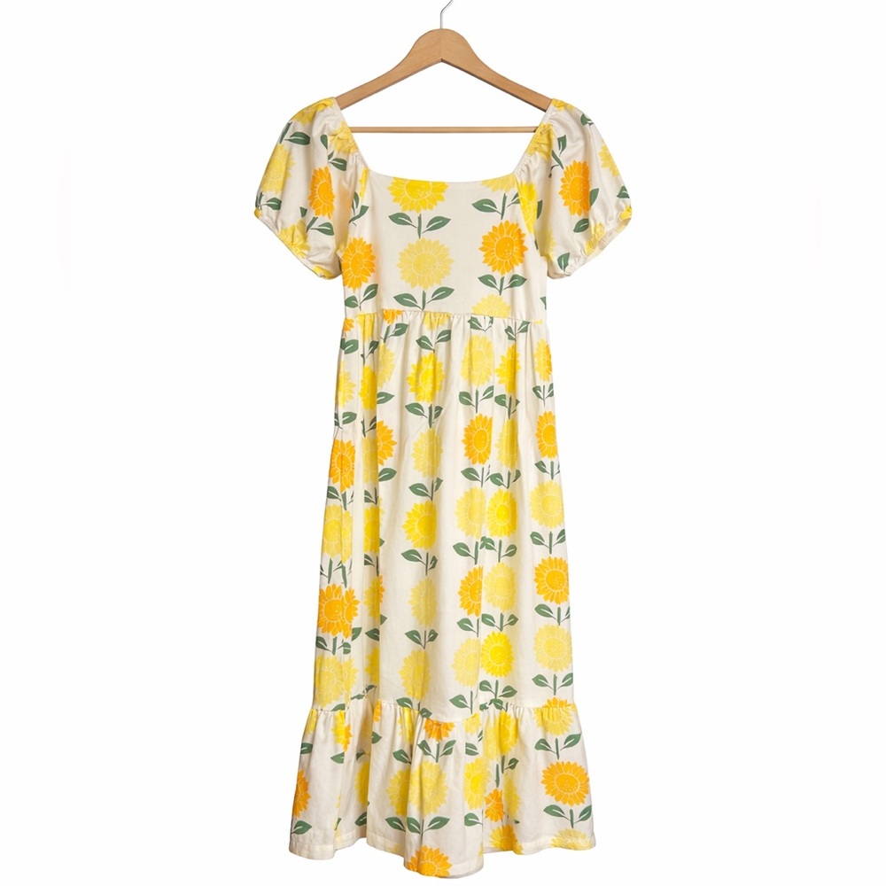 M+A‎ Lounge Sunflower Midi Dress Boho Cottagecore Puff Sleeve Summer Sundress S - Picture 2 of 9